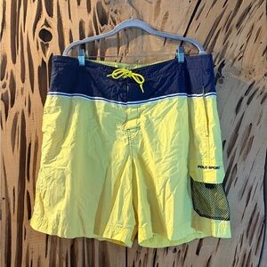 VTG 90s Polo Sport Ralph Lauren Swim Trunks Mens Navy Yellow Ribbon XL